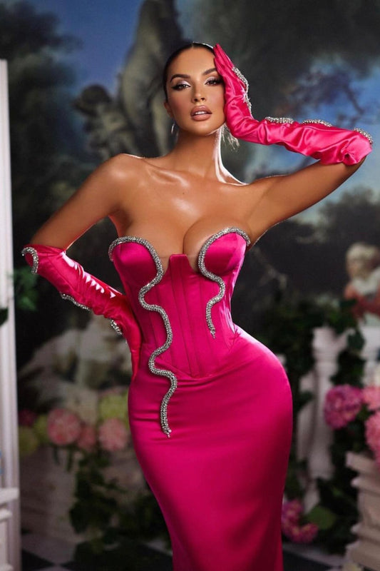 Fuchsia Prom Dress Mermaid Half Sleeves Strapless Gown