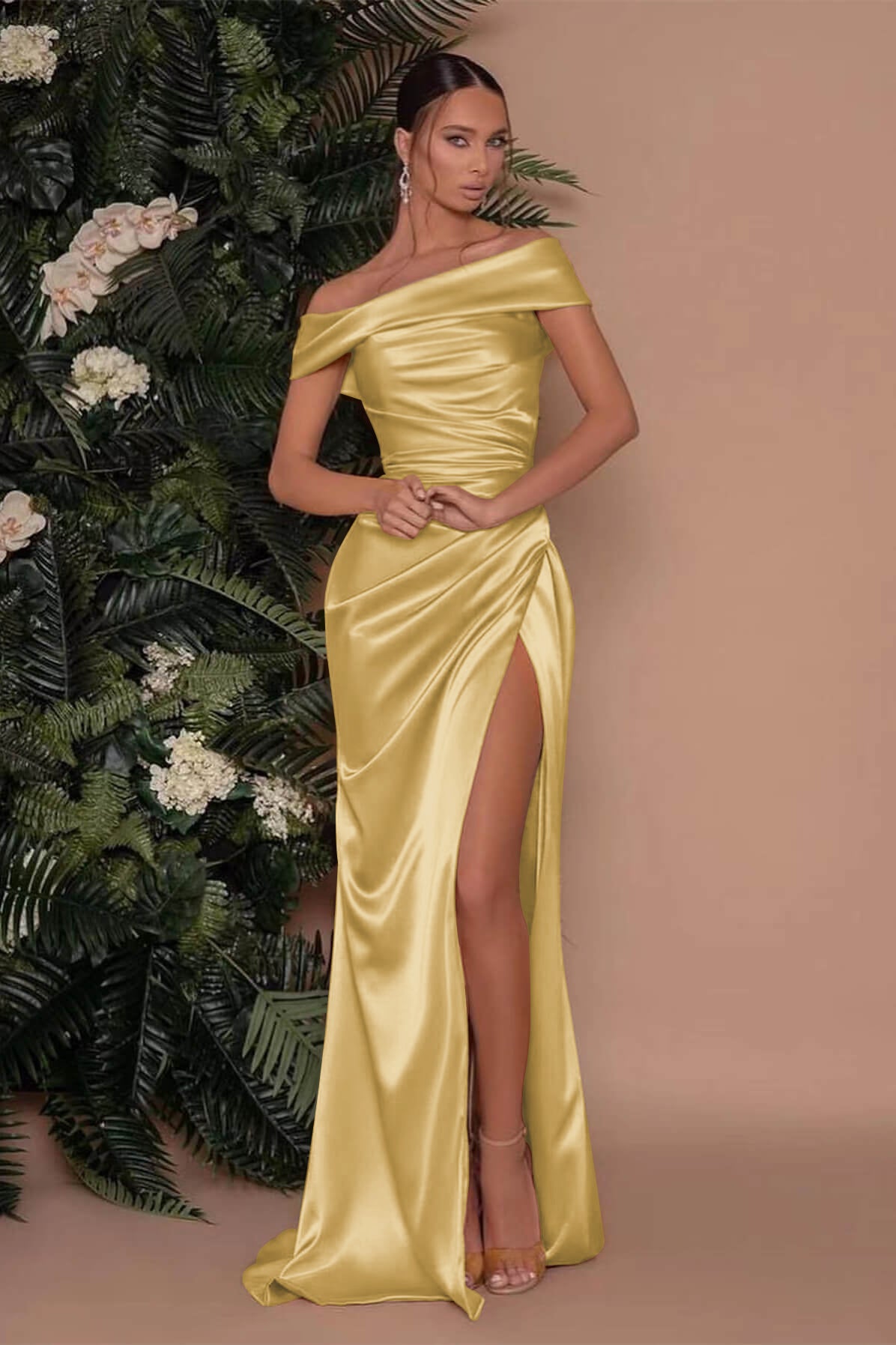 Champagne Off the Shoulder Charmeuse Prom Dress Split Mermaid