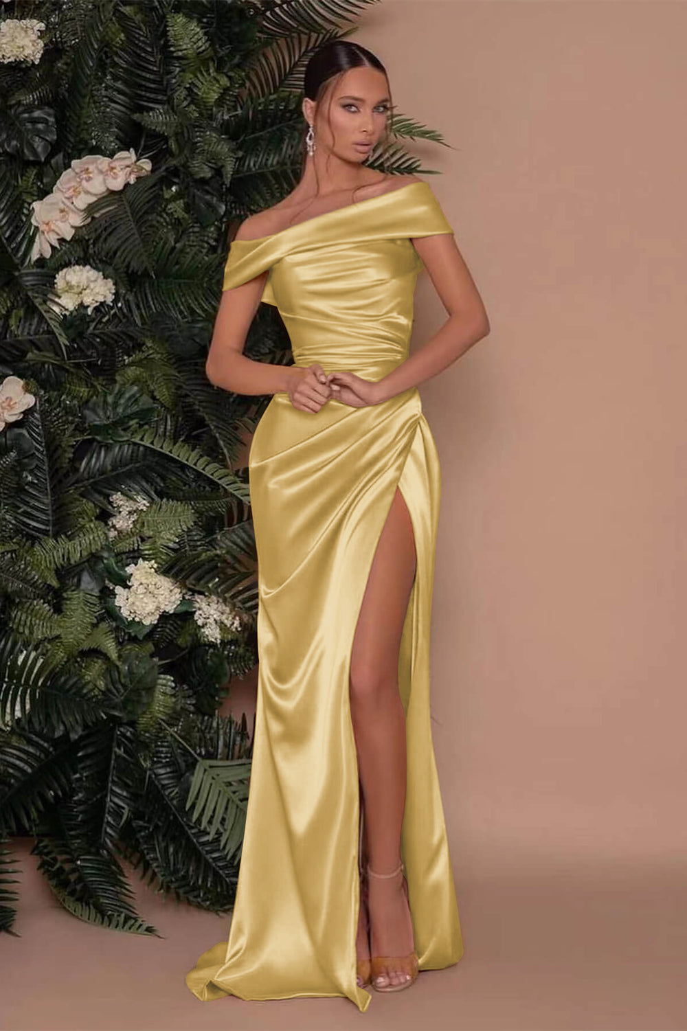 Champagne Off the Shoulder Charmeuse Prom Dress Split Mermaid