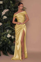 Champagne Off the Shoulder Charmeuse Prom Dress Split Mermaid