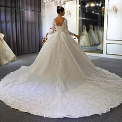 Sweetheart Backless Modest A-Line Wedding Gown with Long Sleeves and Lace Appliques Sequins