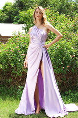 Classic One Shoulder Slit Prom Dress Sleeveless With Pleats