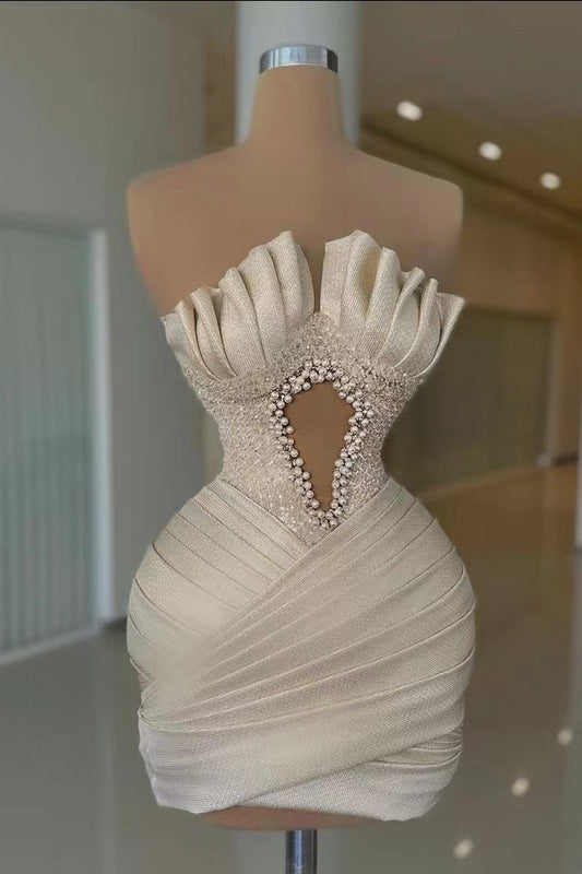 Off-White Strapless Short Pleated Prom Dress with Beadings