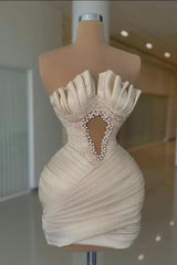 Off-White Strapless Short Pleated Prom Dress with Beadings