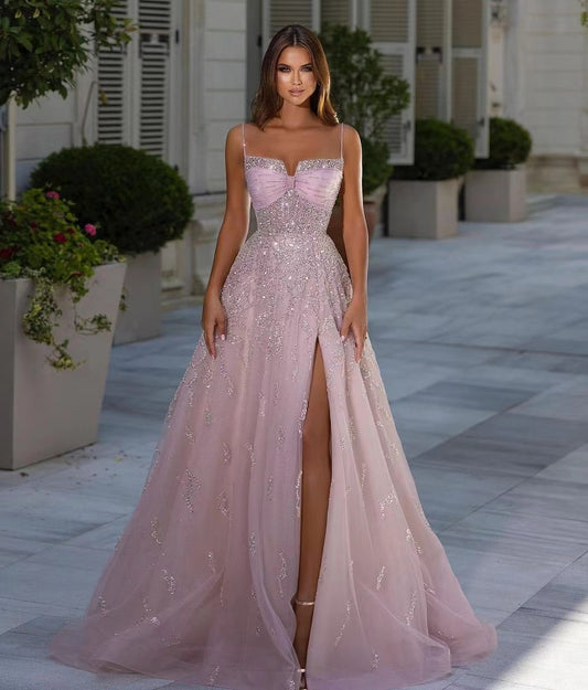Classic Pink Spaghetti-Straps Prom Dress Sleeveless A-Line Long With Slit Beads
