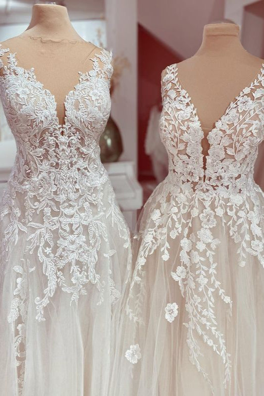 Elegant Floor-length A-Line Wedding Dress in Deep V-neck with Lace and Tulle Appliques