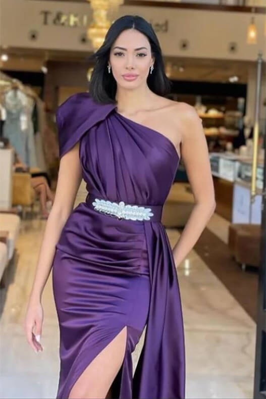 Dark Purple One Shoulder Mermaid Long Ruffles Prom Dress with Belt Online