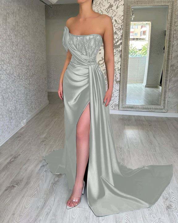 Green Strapless Prom Dress Long Beading Split Mermaid Dress