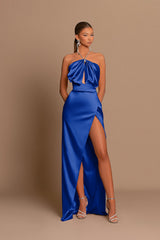 Chic Pink Evening Dress Sleeveless Strapless with Side Slit Pleated
