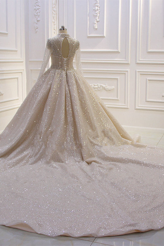 High-neck Vintage Wedding Gown with Long Sleeves and Sequins in Satin
