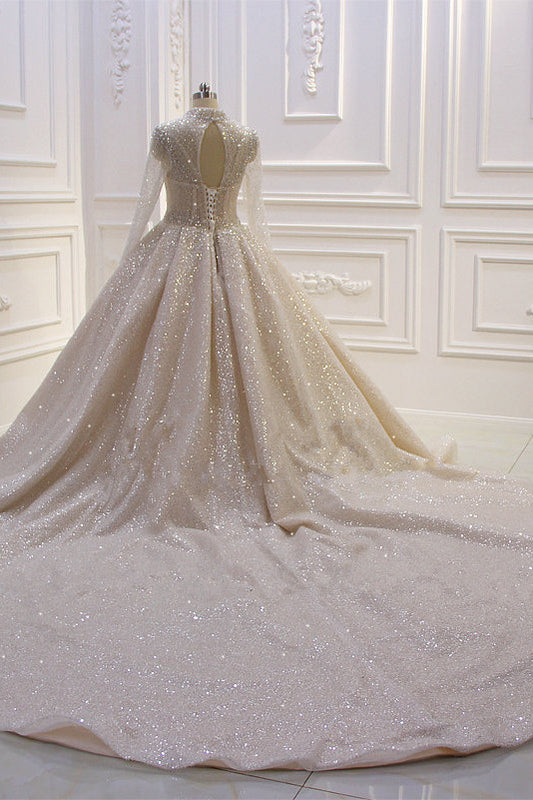High-neck Vintage Wedding Gown with Long Sleeves and Sequins in Satin