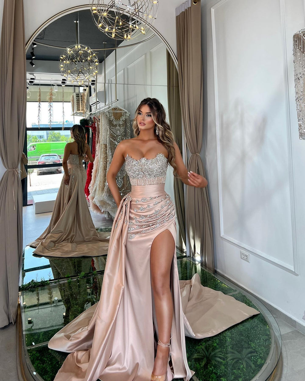 Modern Strapless Mermaid Prom Dress Split Long With Appliques Beads