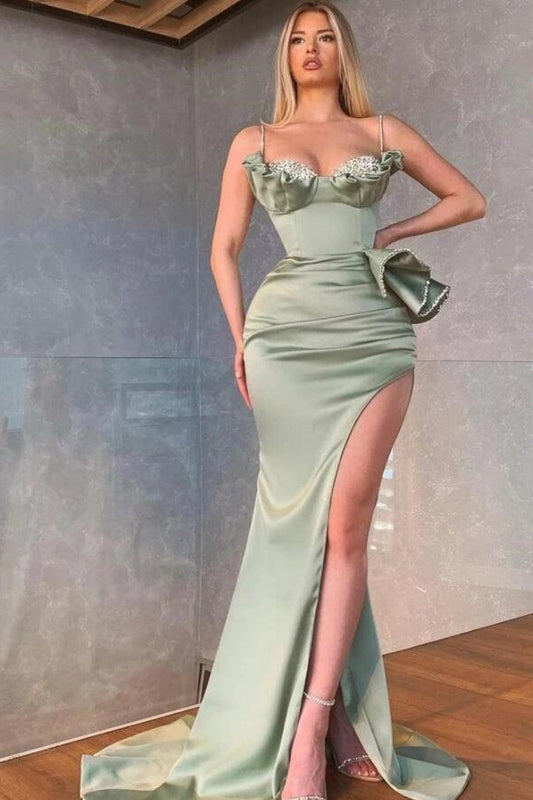 Dusty Sage Spaghetti-Straps Mermaid Prom Dress Split with Beadings Ruffles