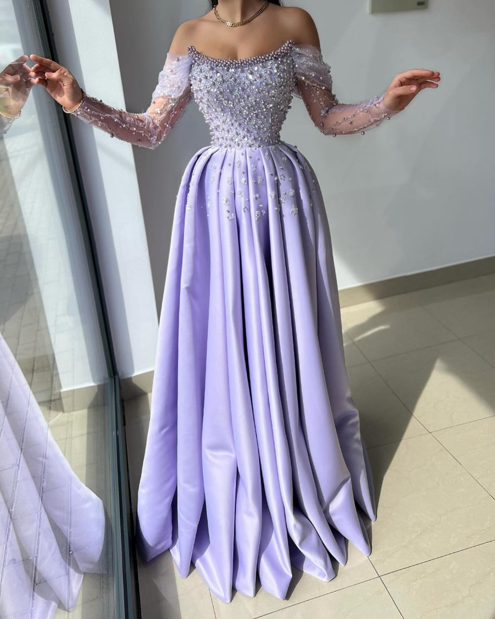 Beautiful Lilac Off-the-Shoulder Long Sleeves Prom Dresses Long With Beads Pearls