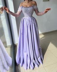 Beautiful Lilac Off-the-Shoulder Long Sleeves Prom Dresses Long With Beads Pearls