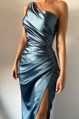 New Arrival Dusty Blue One Shoulder Sleeveless Mermaid Prom Dress Pleats With Split Detachable Ruffles