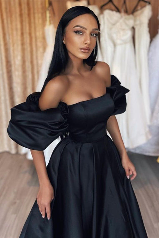 Gorgeous Off-the-Shoulder Bubble Sleeves Black Prom Dress Princess Long