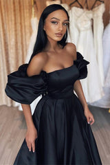 Gorgeous Off-the-Shoulder Bubble Sleeves Black Prom Dress Princess Long