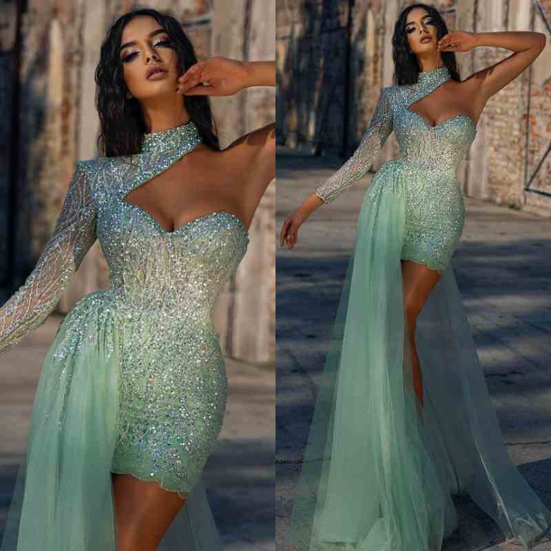 Charming High Neck Long Sleeves Prom Dress Sequins Beadings With Tulle Ruffle