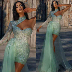 Charming High Neck Long Sleeves Prom Dress Sequins Beadings With Tulle Ruffle