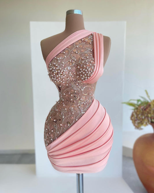 Gorgeous Pink One Shoulder Short Prom Dresses With Pearls Beaded