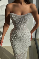 Modern White Strapless Pearls Long Prom Dress Mermaid Online