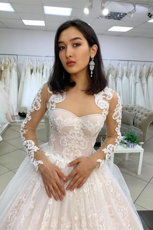 Sweetheart Ball Gown Wedding Dress with Long Sleeves and Applique