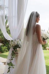 Sleeveless White A-Line Wedding Dress with Elegant Tulle, Spaghetti Straps, Sequins, and Lace