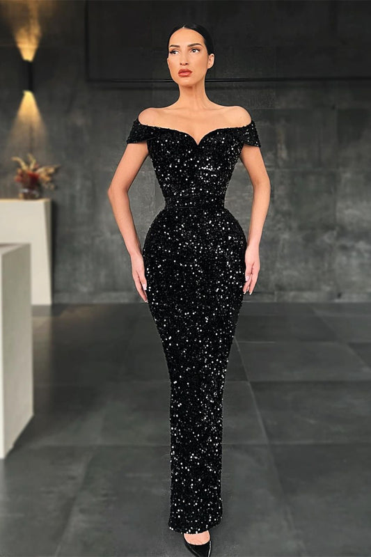 Gorgeous Black Off-the-Shoulder Mermaid Prom Dress Sequins