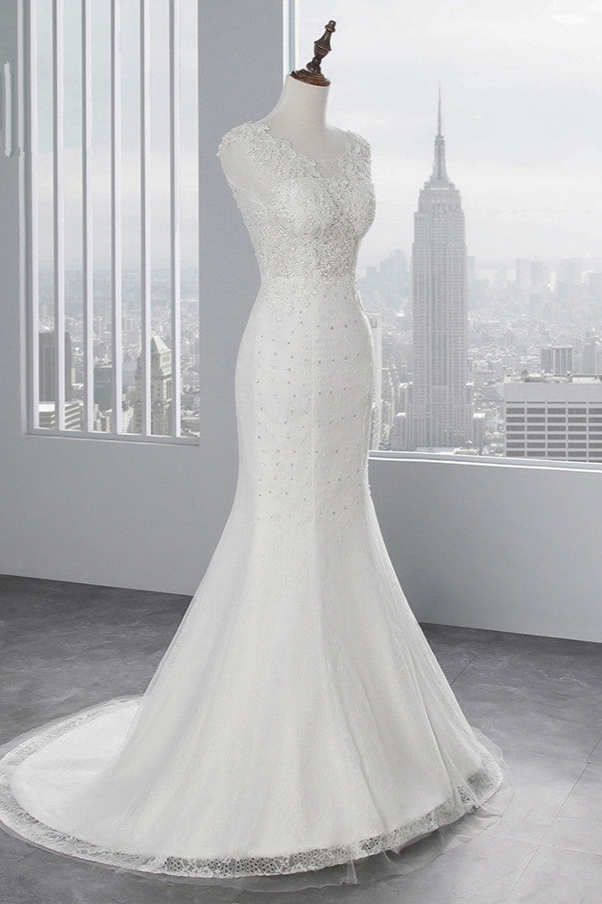 Elegant Sleeveless Long Mermaid Jewel Wedding Dress in Luxury Tulle with Appliques Lace
