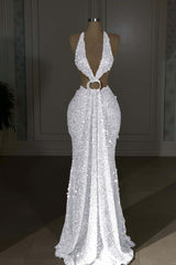 Glamorous Gold Halter Backless Sequin Evening Dress