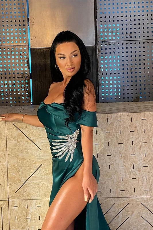 Fabulous Dark Green Off-the-Shoulder Sleeveless Mermaid Prom Gown With High Split Beadings