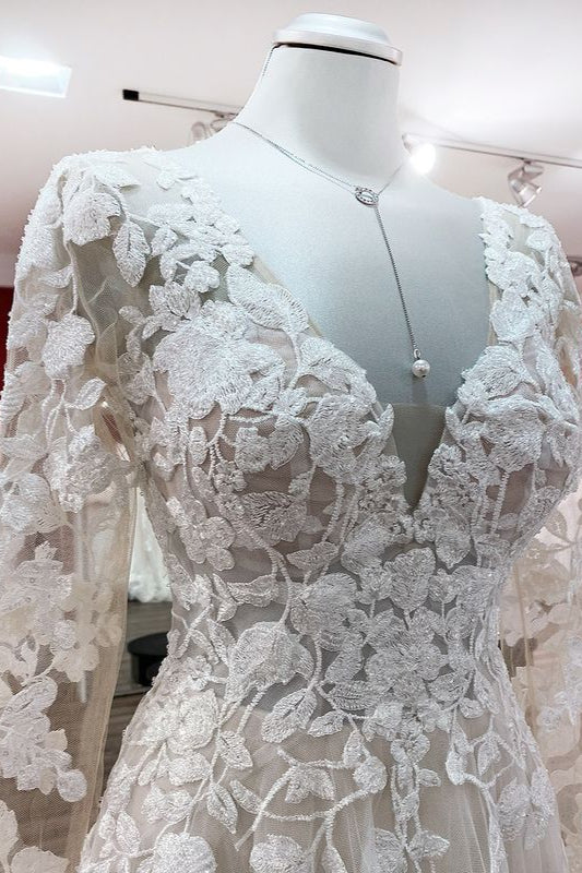 Elegant Ivory A-line Wedding Dress with Long Lace Sleeves and Open Back Tulle Details