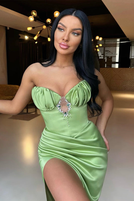 Gorgeous Sage Sweetheart Mermaid Prom Dress Pleats Beaded With High Split