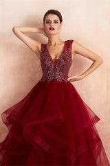 New Arrival Burgundy V-Neck Prom Dress Tulle Long With Beads Online