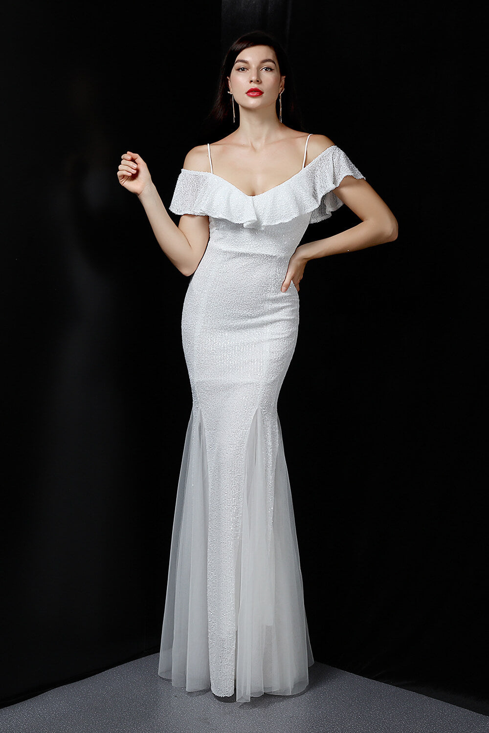 Spaghetti-Straps Mermaid Sequins Prom Dress With Ruffles