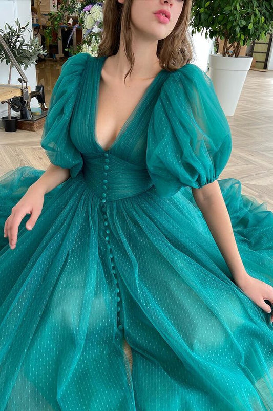 Gorgeous Emerald Bubble Sleeves Tulle Prom Dress With Buttons V-Neck