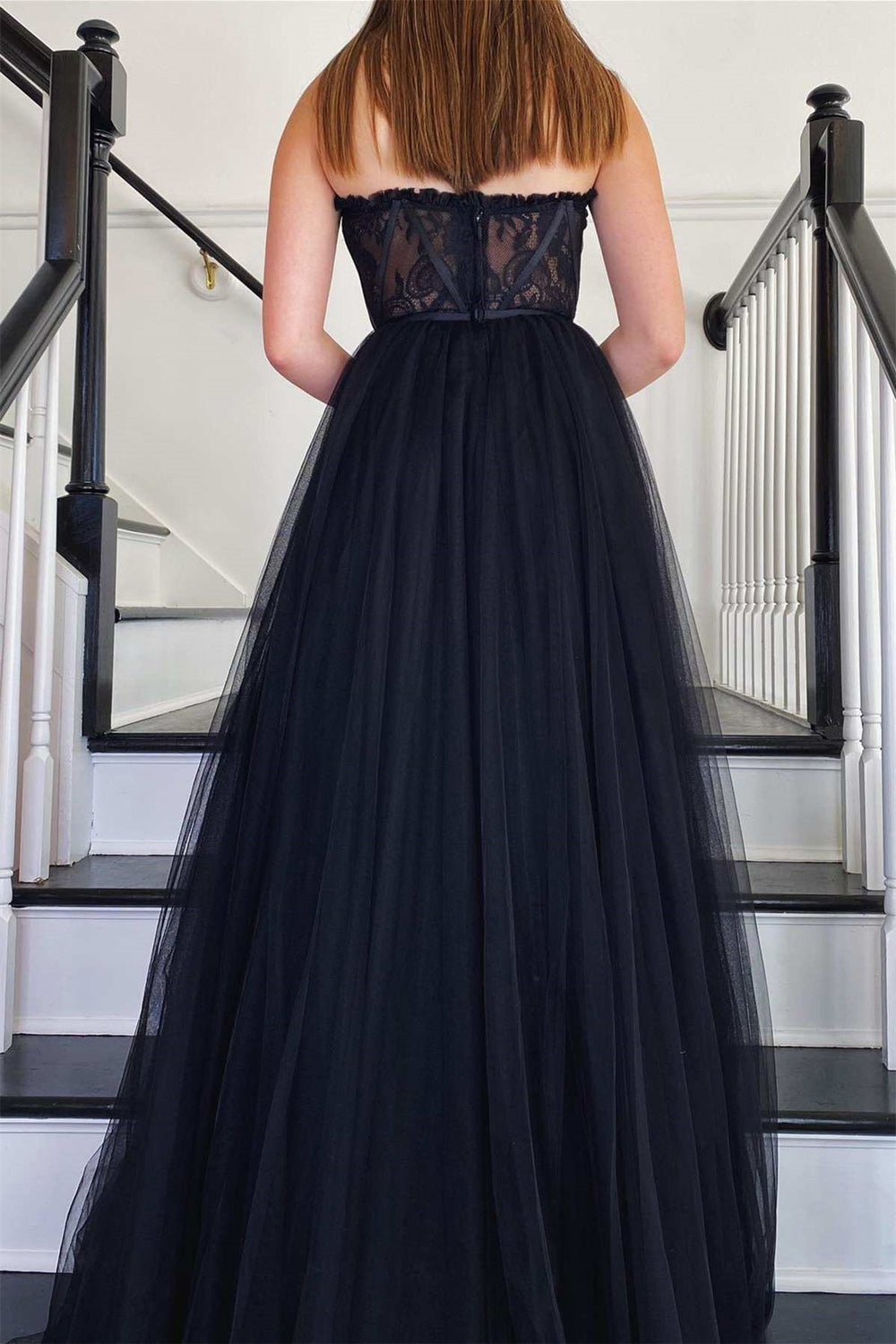 Modern Strapless A-Line Prom Dress Tulle Lace Zipper Back