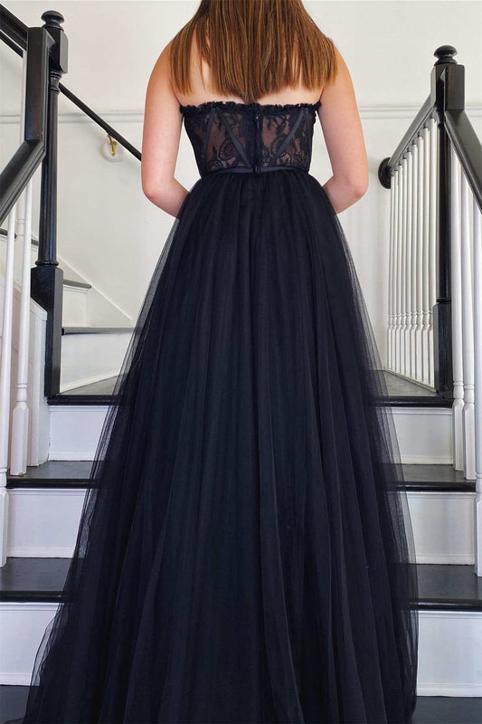 Modern Strapless A-Line Prom Dress Tulle Lace Zipper Back