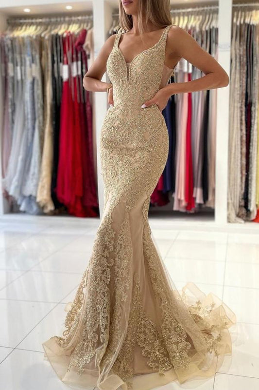 Amazing Gold Appliques Mermaid Prom Dress Long Sleeveless