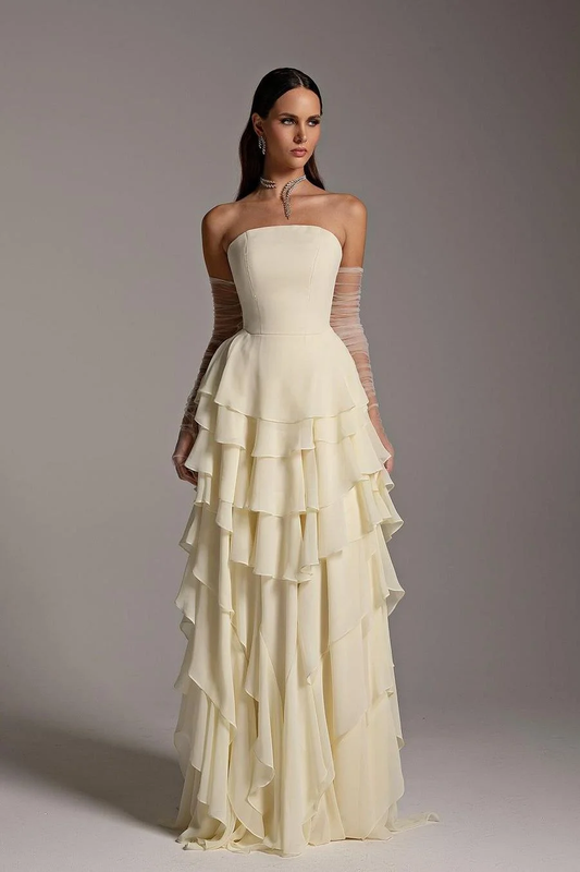 Charming Strapless Sleeveless Square Ruffles Long Prom Dress With Gloves