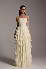 Charming Strapless Sleeveless Square Ruffles Long Prom Dress With Gloves