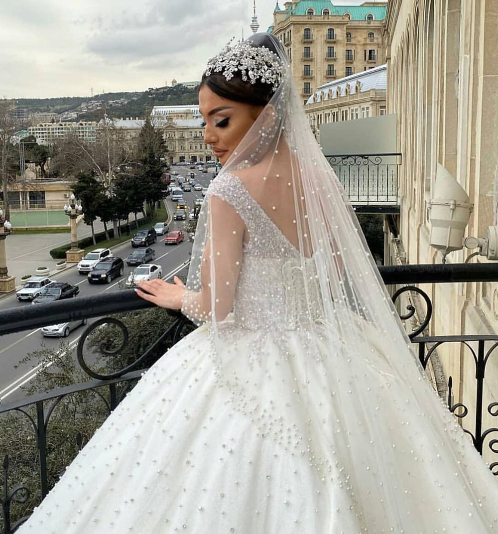 Sweetheart Ball Gown by Miabel: Elegant Off-the-Shoulder Backless Wedding Dress with Tulle, Pearl Beading, and Ruffles