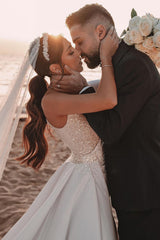 Elegant One Shoulder A-line Wedding Gown with Sequins and Long Sleeves