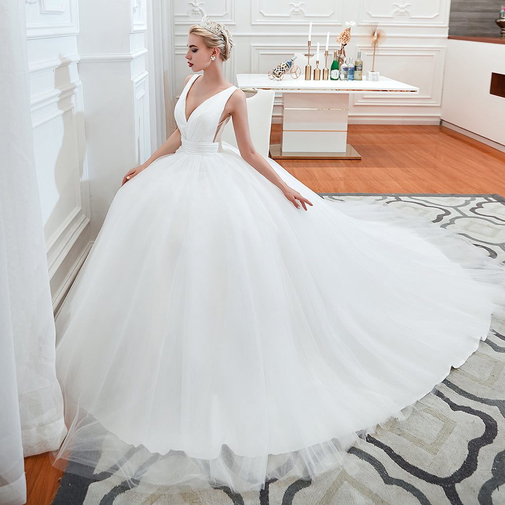 Elegant A-Line Wedding Gown with Deep V-Neck and Wide Tulle Straps