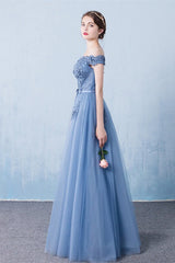 Gorgeous Off-the-Shoulder Dusty Blue Prom Dresses Tulle Long With Appliques