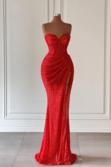 Modern Red Sweetheart Mermaid Prom Dress Sequins Long With Slit