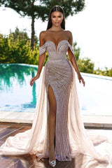 Charming Off-the-Shoulder Mermaid Prom Dress Beadings Split With Ruffles