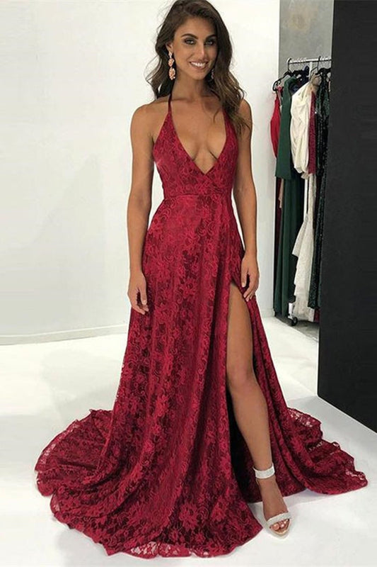 Modern Burgundy V-Neck Lace Prom Dress Backless