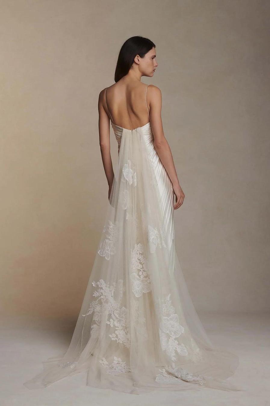 Gorgeous Ivory Appliqued Pleated Satin Backless Prom Dress